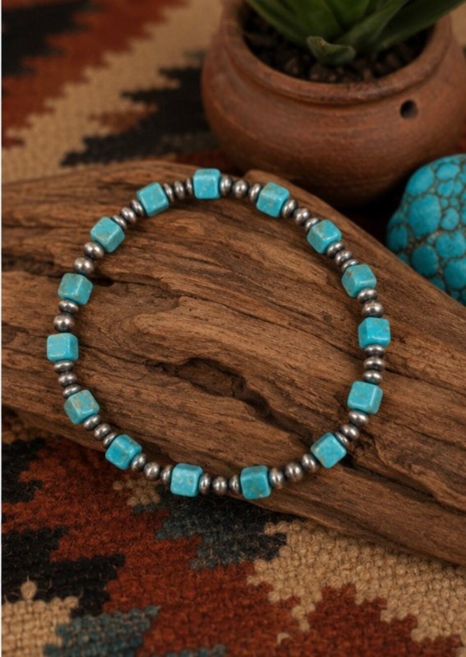 Turquoise & Sterling Silver Pearl Bead Bracelet | 6" Southwestern Style